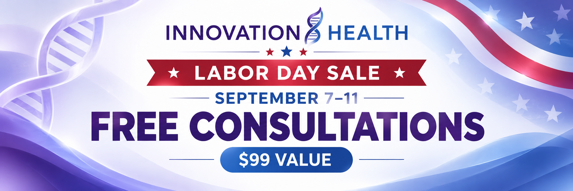 Promotion banner: Innovation Health Labor Day Sale, September 7–11, offering free consultations and a $99 value.