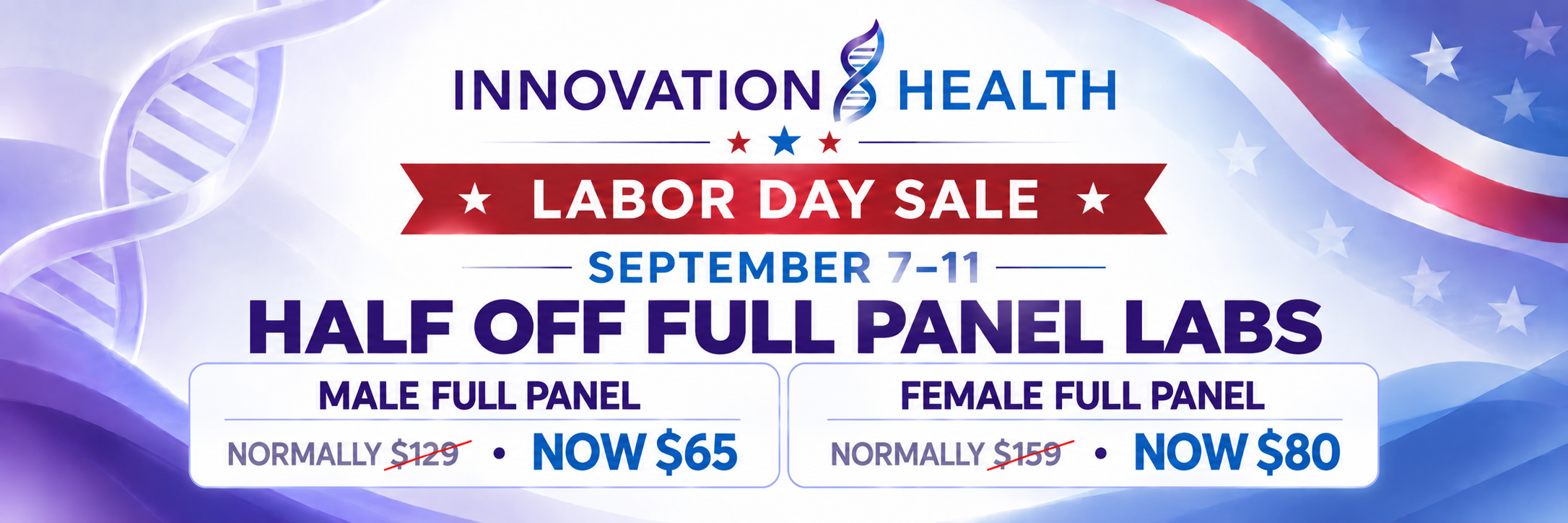 Labor Day sale banner from Innovation Health: 'Labor Day Sale' with 'Sept 7–11' and 'Half Off Full Panel Labs' showing male panel now $65 and female panel now $80.